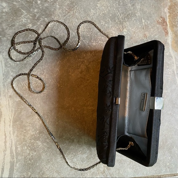 Vintage 80s Enzo Angiolini Floral Embroidered Black Satin Clutch Bag - Picture 9 of 11